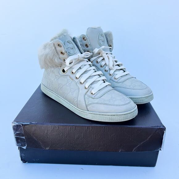 Gucci Authentic Rabbit Fur High Top Guccissima GG Sneakers Monogram 39 Grey 9 - Picture 1 of 15